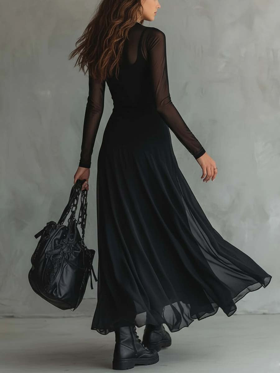 HANNAH - RETRO SHEER SLEEVES MAXI DRESS