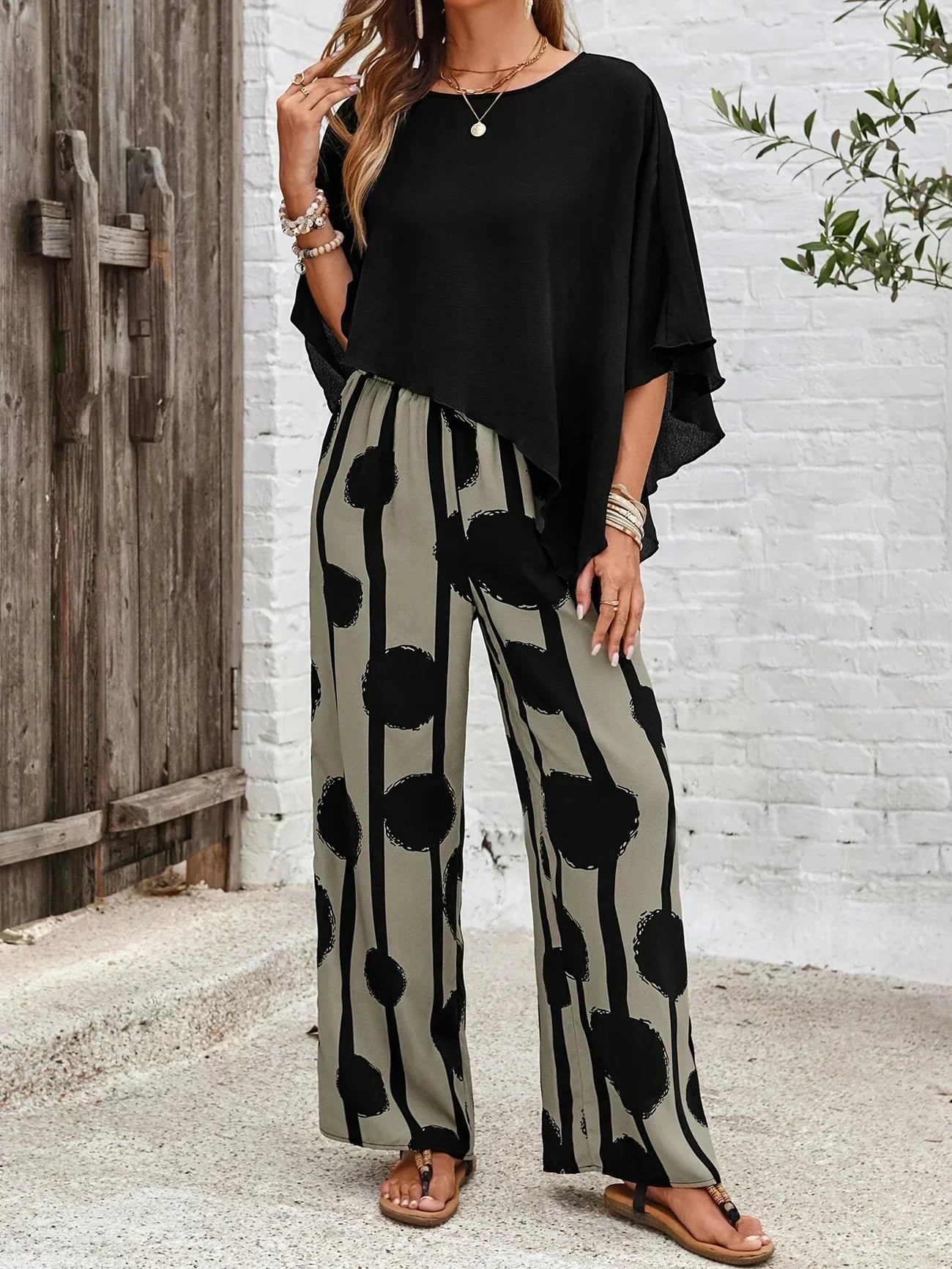Isla | Draped Cape Top & Printed Wide-Leg 2-Piece Set