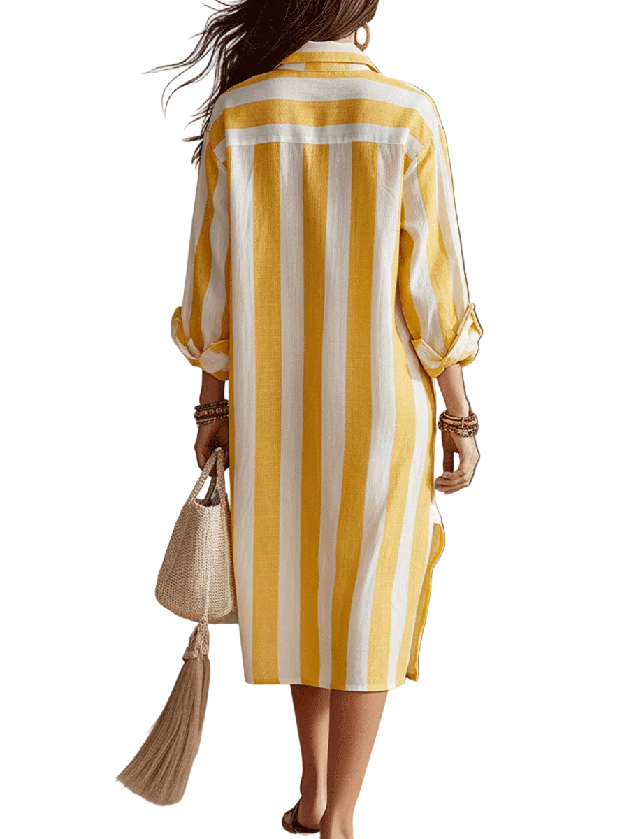 ASHLEY - RELAXED STRIPED RESORT YELLOW & WHITE STRIPE MIDI DRESS