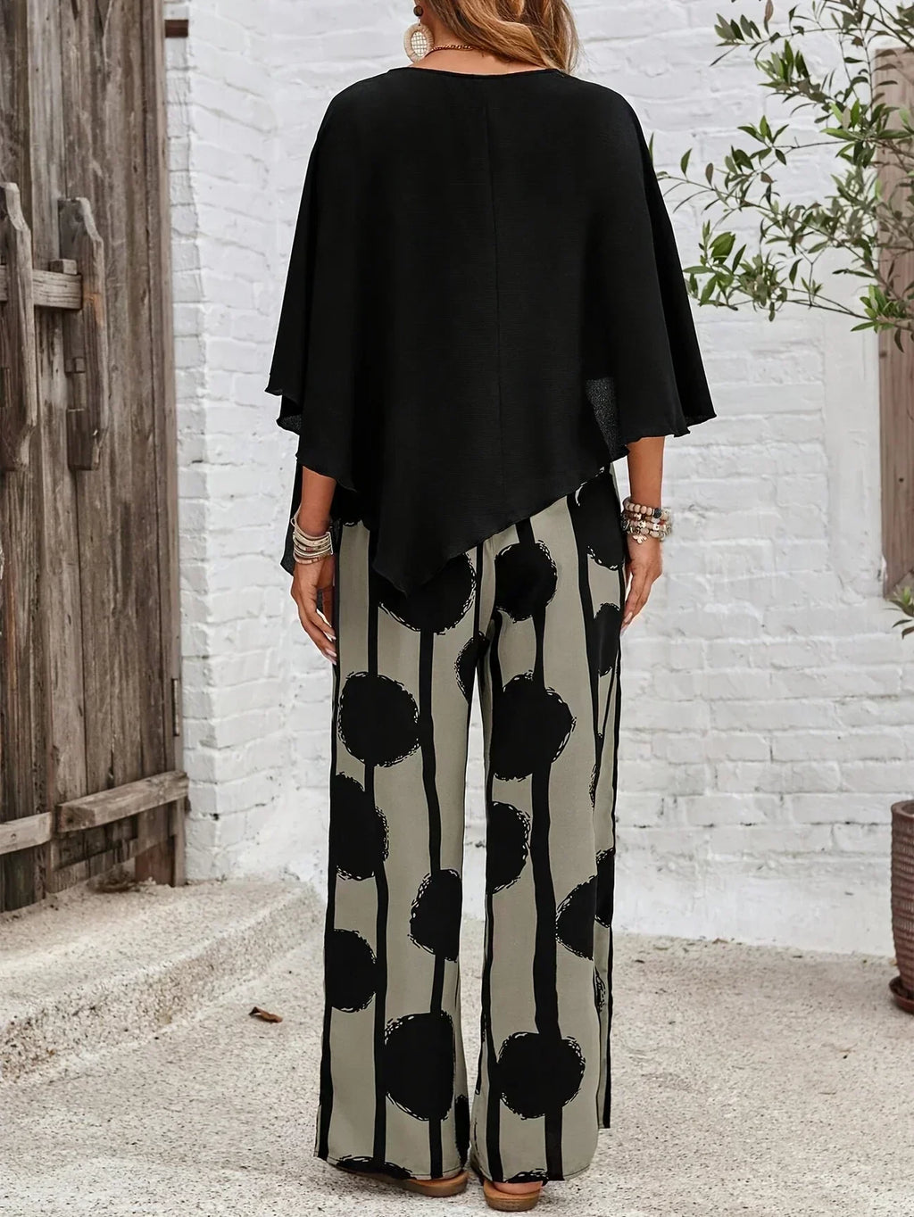 Isla | Draped Cape Top & Printed Wide-Leg 2-Piece Set