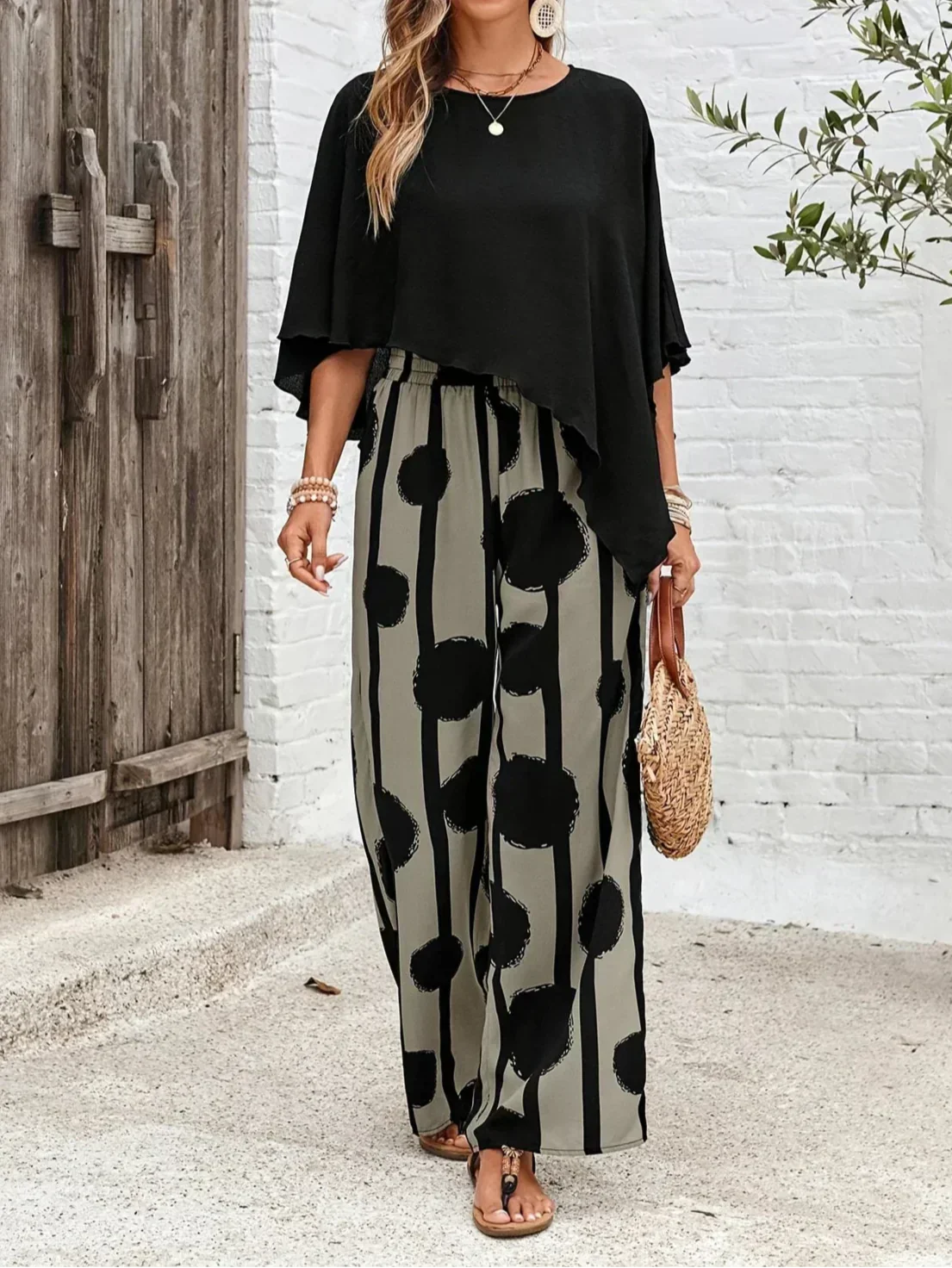 Isla | Draped Cape Top & Printed Wide-Leg 2-Piece Set