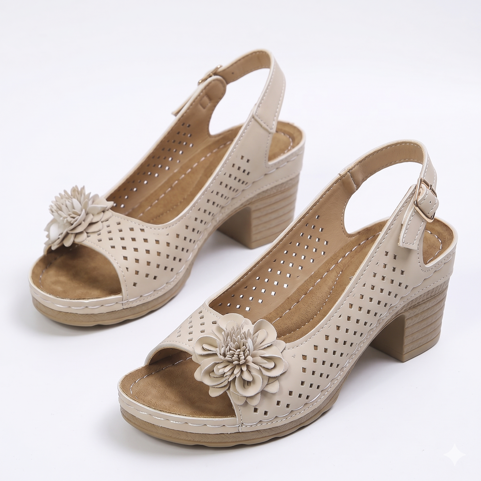 Fleur | Perforated Flower Block Heel Sandals