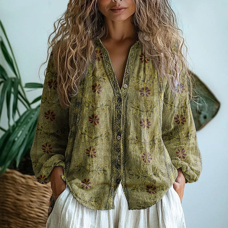 Brianna™ | Vintage Leaf Print Shirt