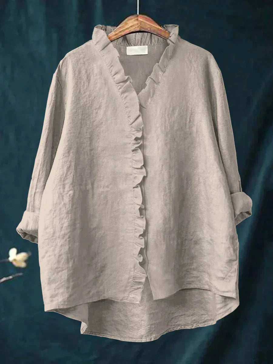Ava™ | Casual Cotton And Linen Ruffle Shirt