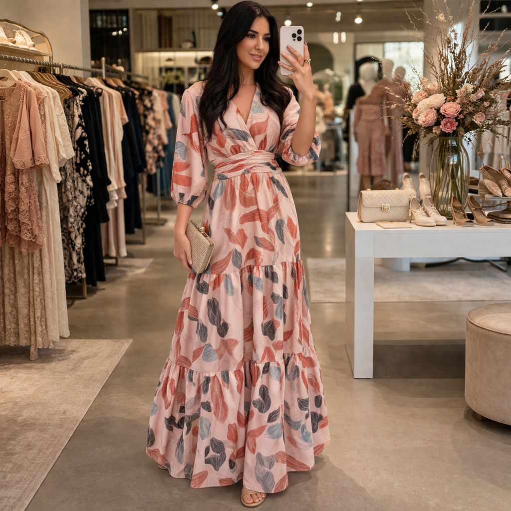 Annabel - Romantic Leaf Print Maxi Dress – Effortless Elegance