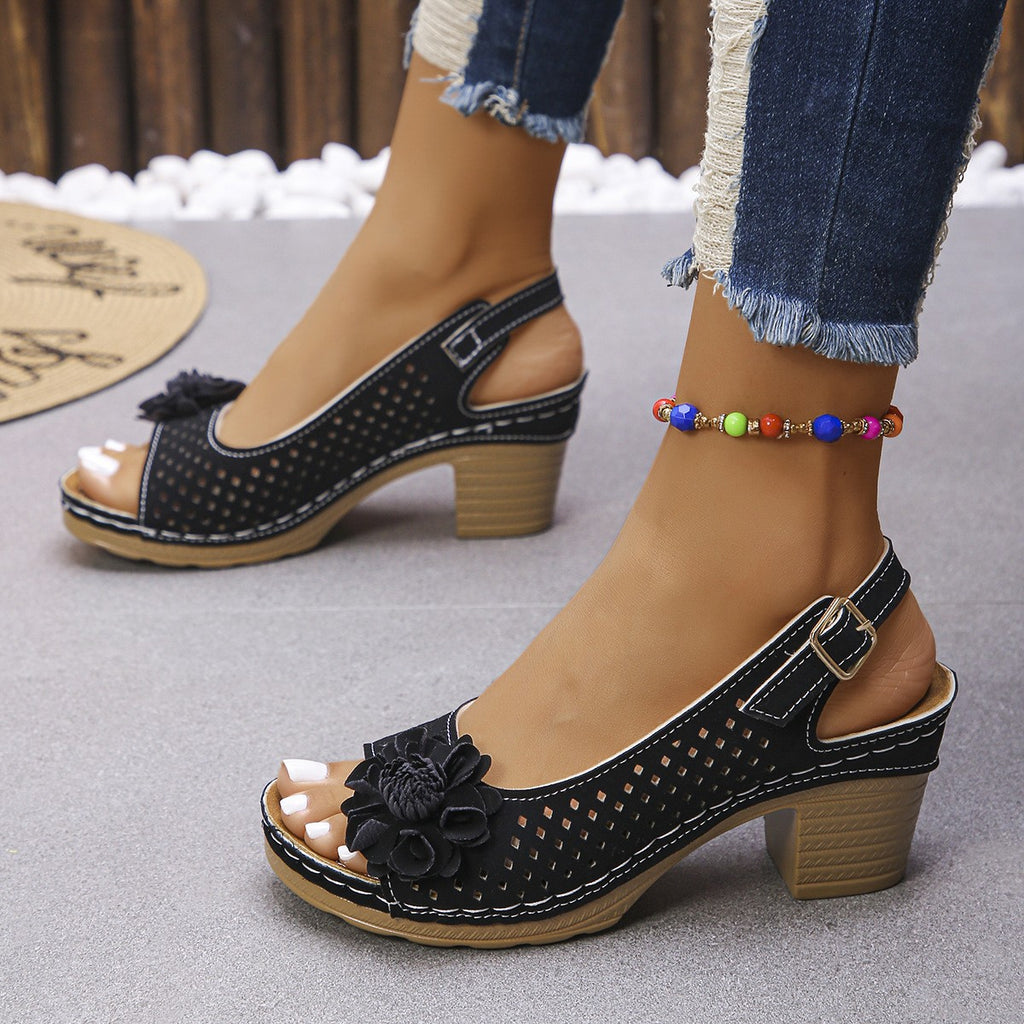 Fleur | Perforated Flower Block Heel Sandals