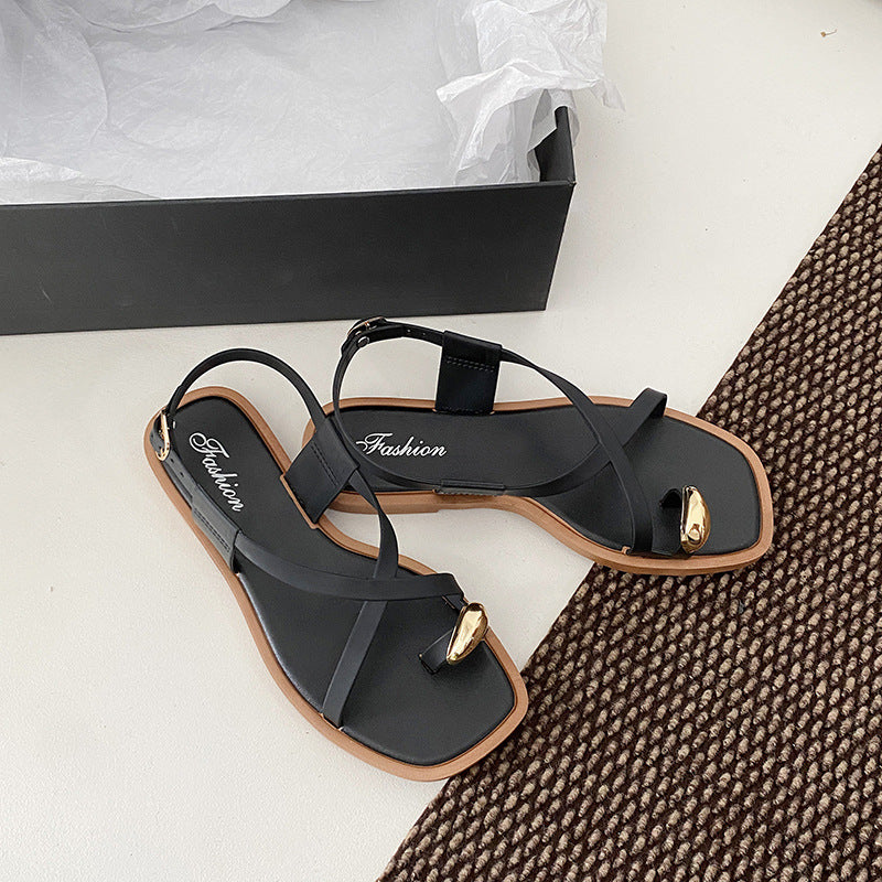 Aurelia | Cross-Strap Gold Accent Sandals