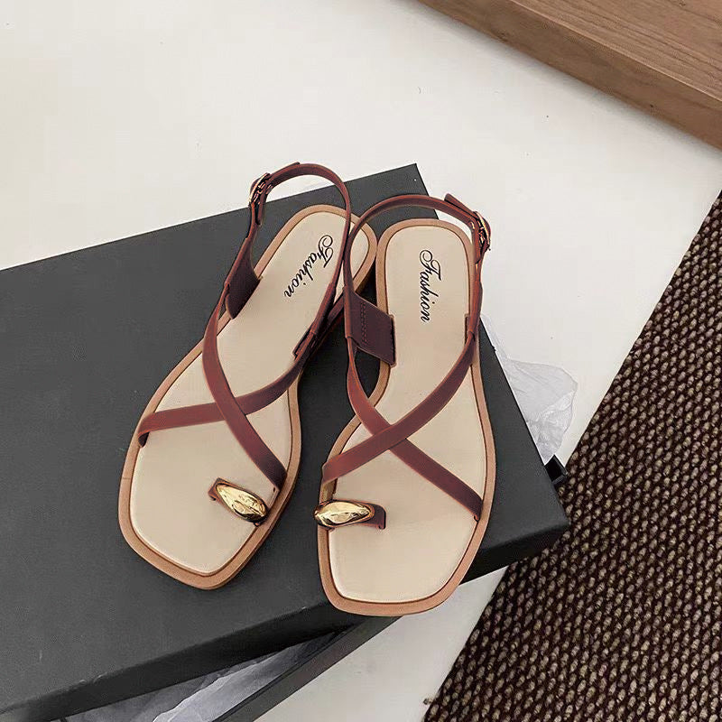 Aurelia | Cross-Strap Gold Accent Sandals