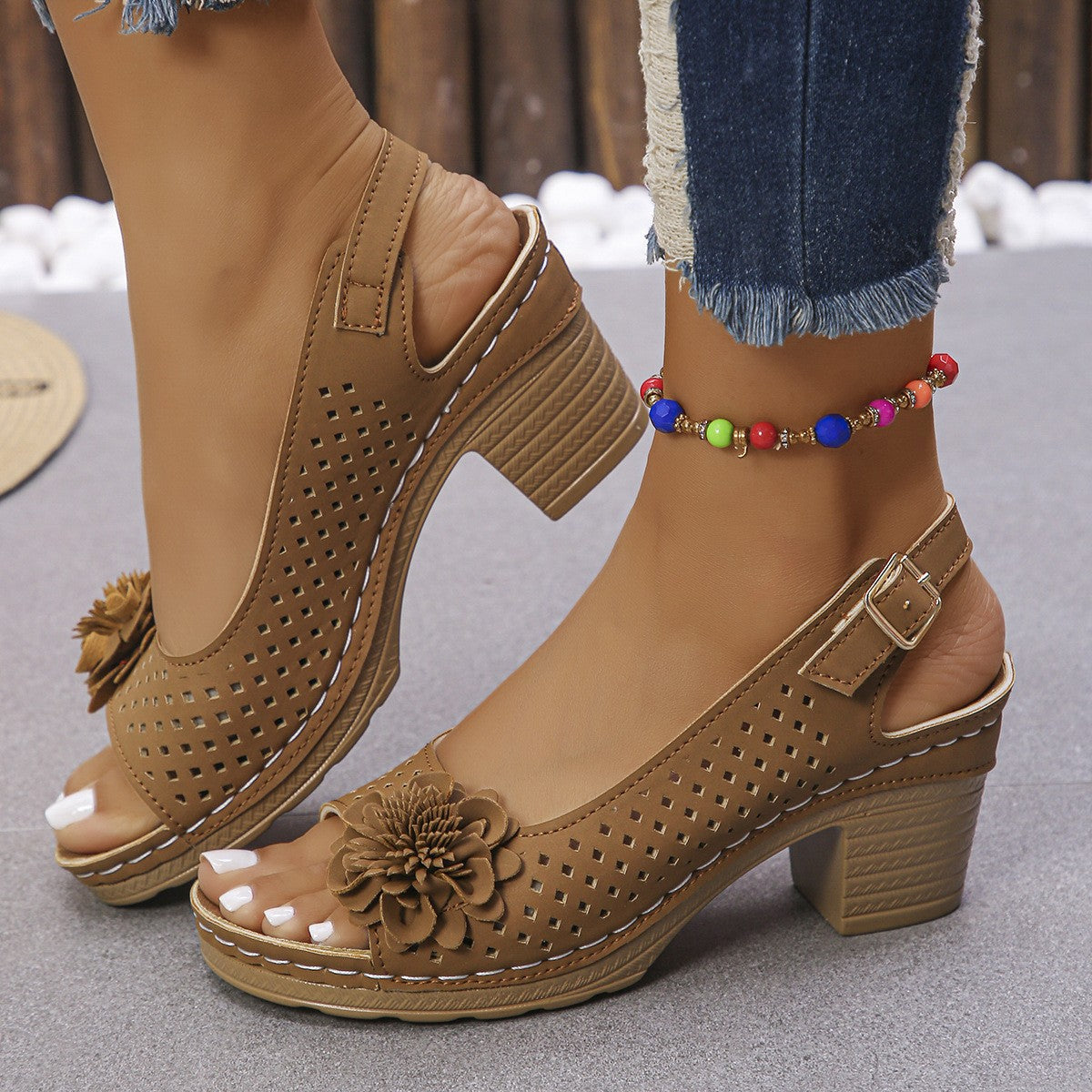 Fleur | Perforated Flower Block Heel Sandals