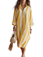 ASHLEY - RELAXED STRIPED RESORT YELLOW & WHITE STRIPE MIDI DRESS