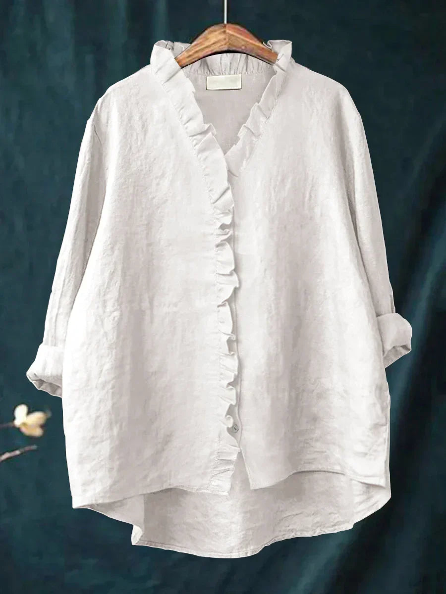 Ava™ | Casual Cotton And Linen Ruffle Shirt