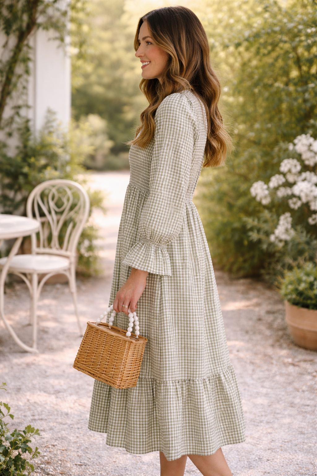 Elona™ | Gingham Midi Dress with Long Sleeves