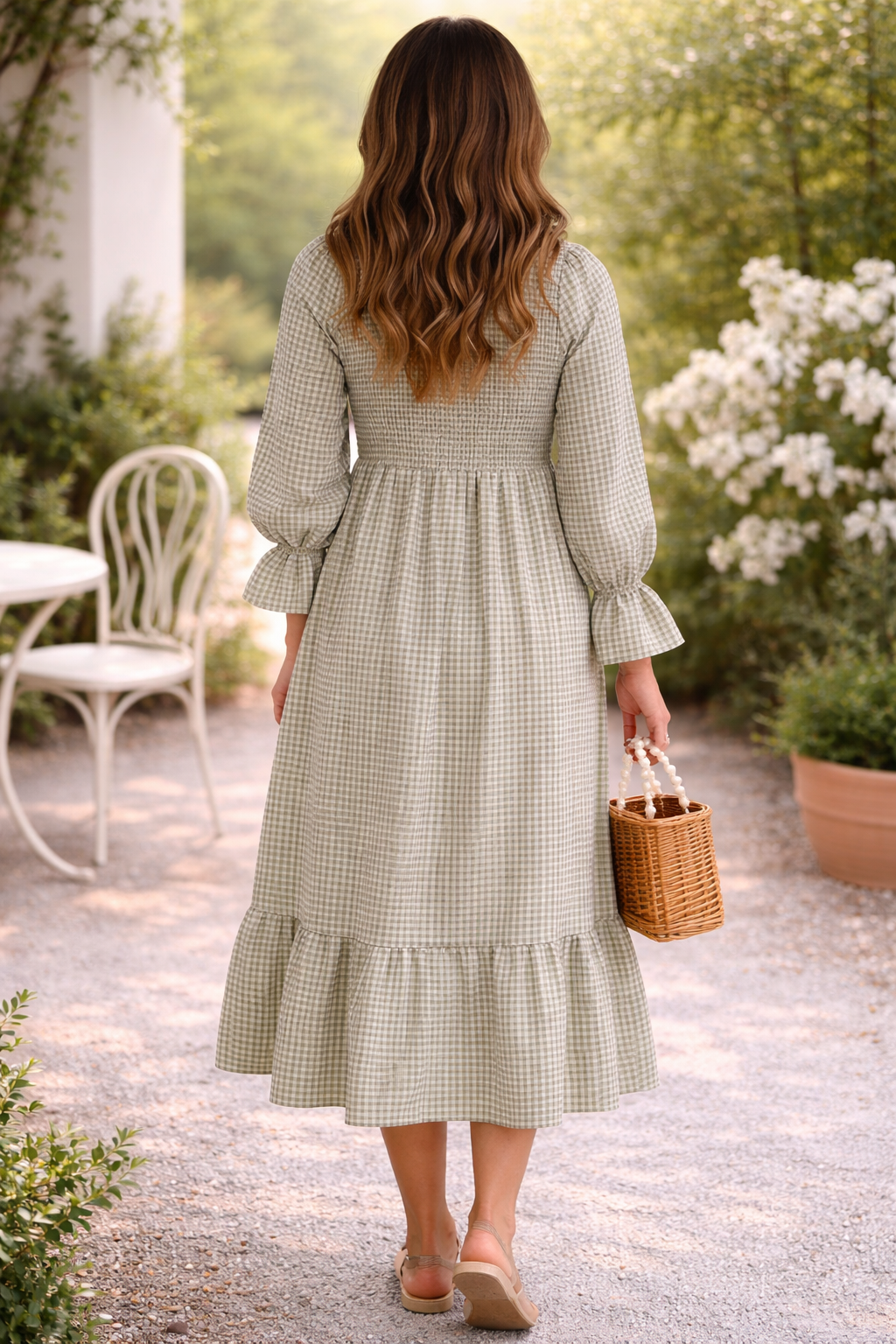 Elona™ | Gingham Midi Dress with Long Sleeves