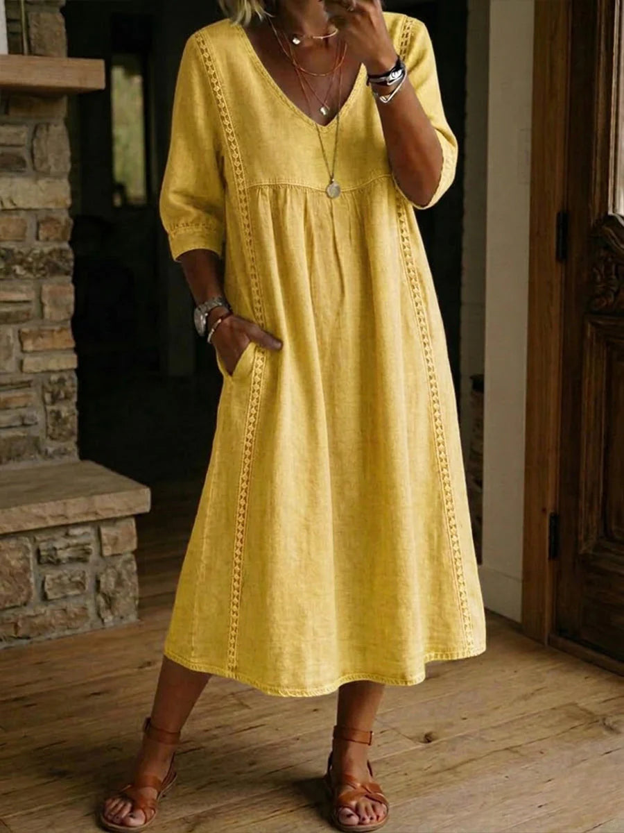 Isla | V-Neck Lace Trim Midi Dress