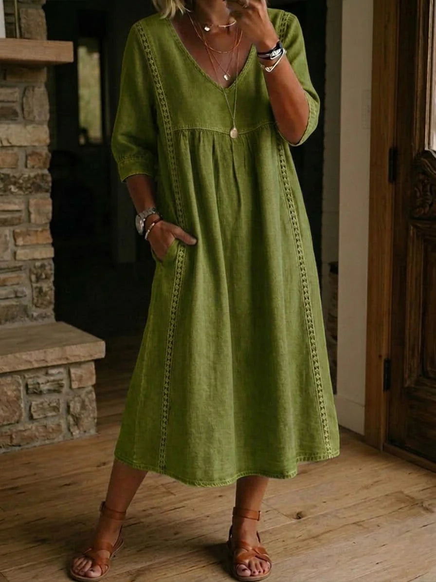 Isla | V-Neck Lace Trim Midi Dress