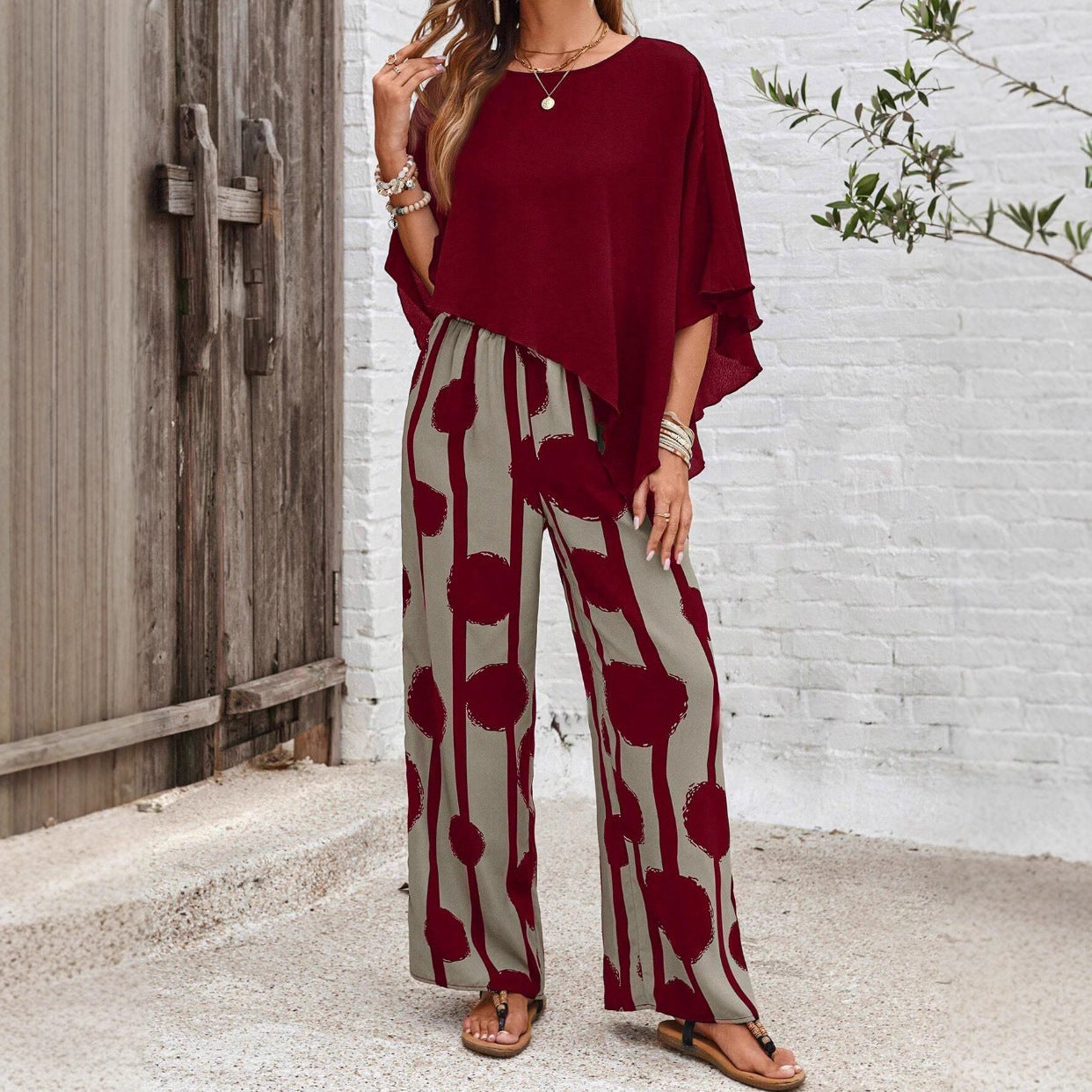 Isla | Draped Cape Top & Printed Wide-Leg 2-Piece Set