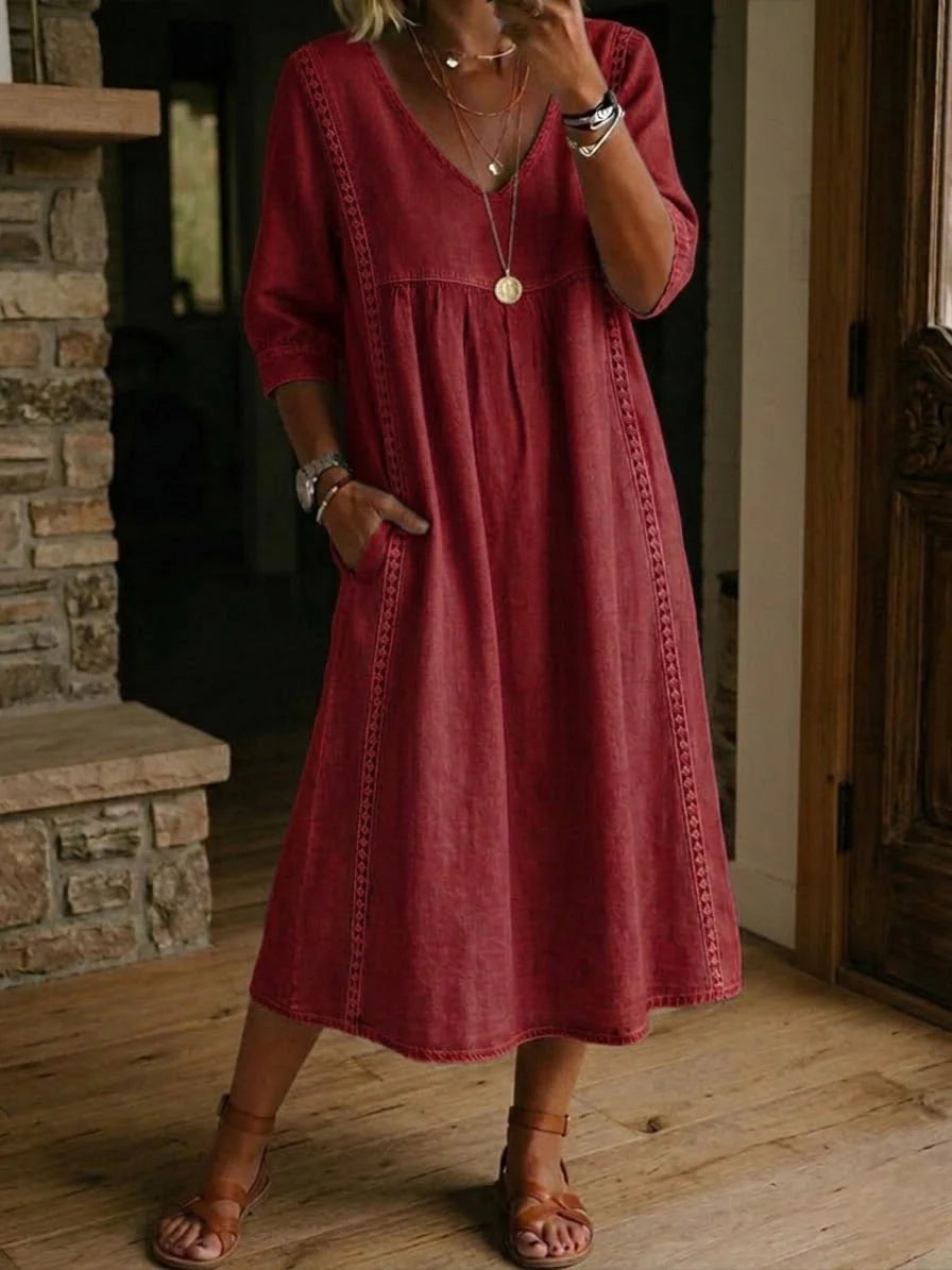 Isla | V-Neck Lace Trim Midi Dress