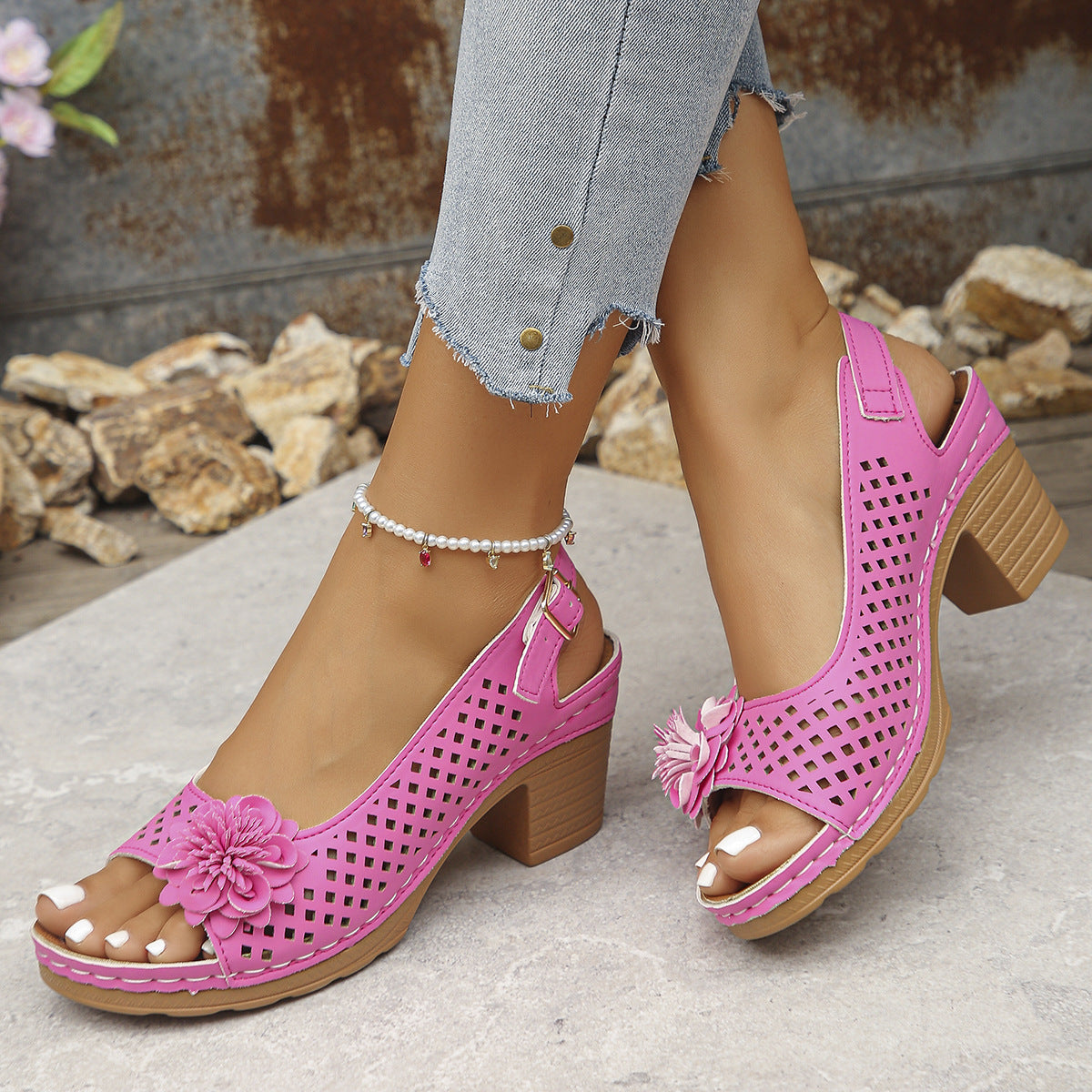Fleur | Perforated Flower Block Heel Sandals