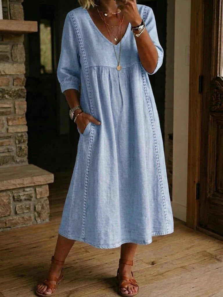 Isla | V-Neck Lace Trim Midi Dress
