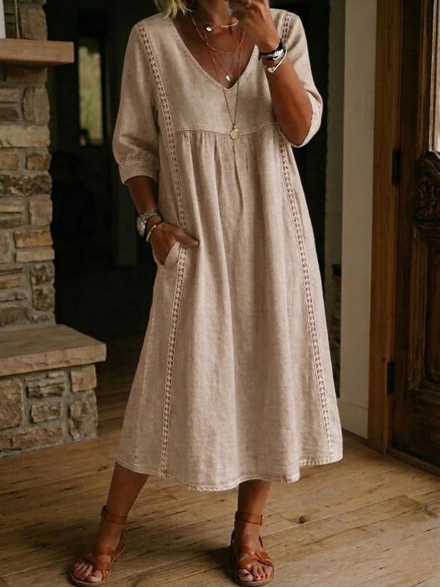 Isla | V-Neck Lace Trim Midi Dress