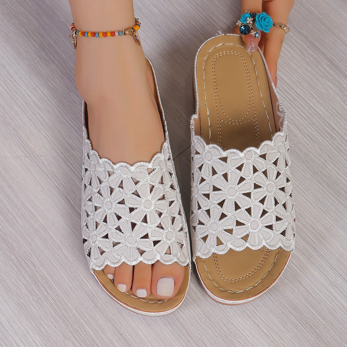Dahlia | Floral Cutout Wedge Slide Sandals