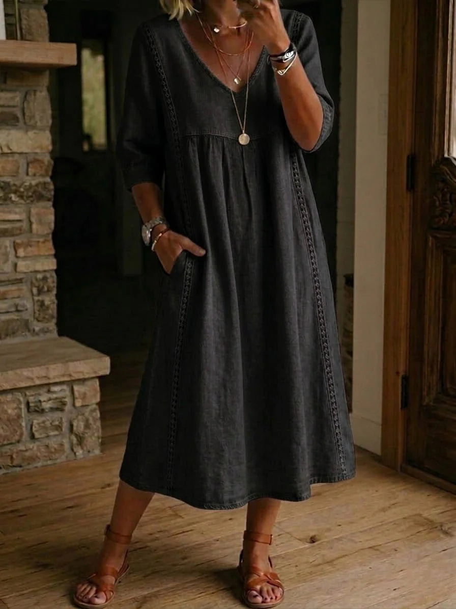 Isla | V-Neck Lace Trim Midi Dress